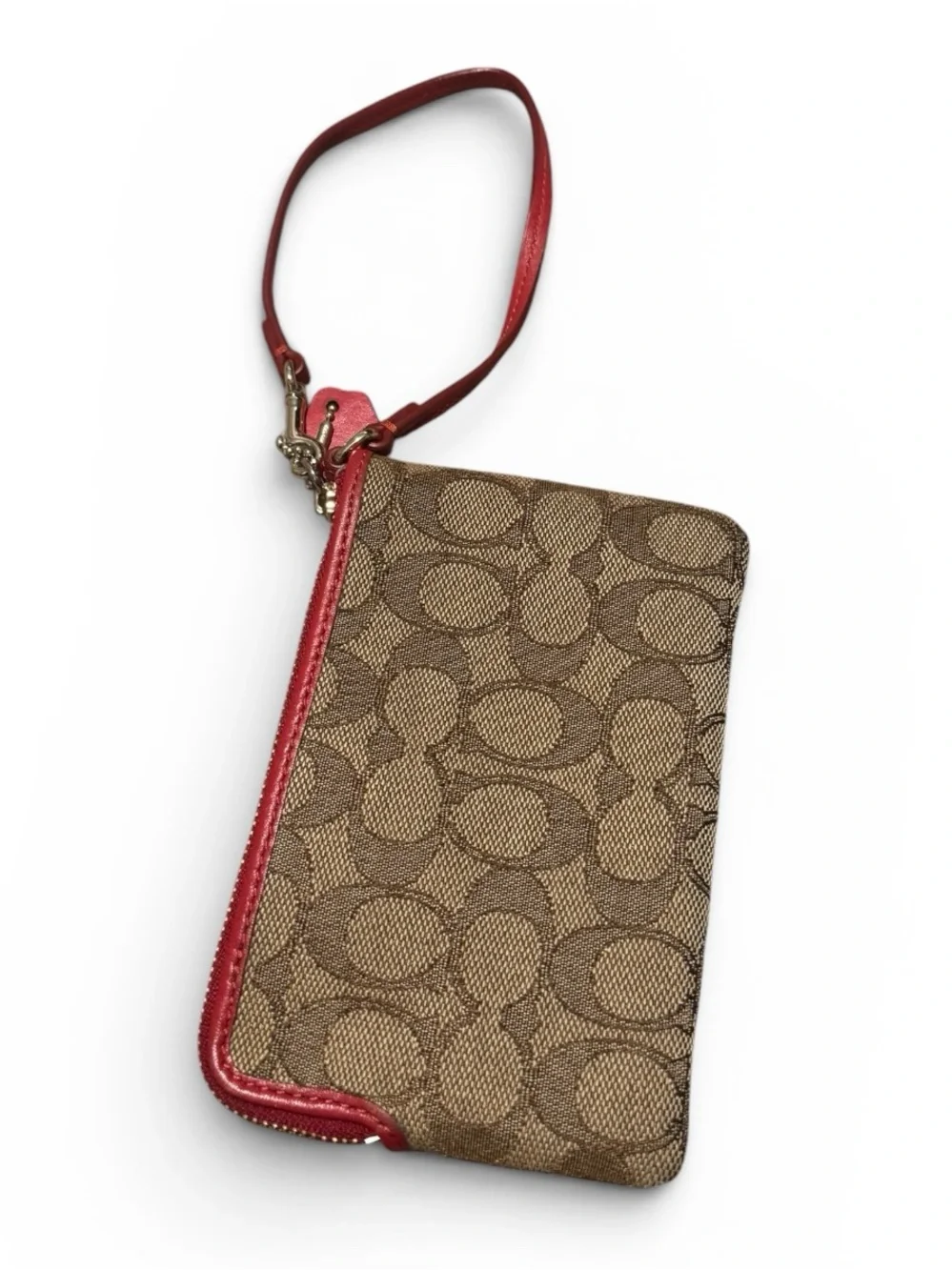 Vintage Y2K Coach Tan Signature Canvas Wristlet with Red Leather Trim